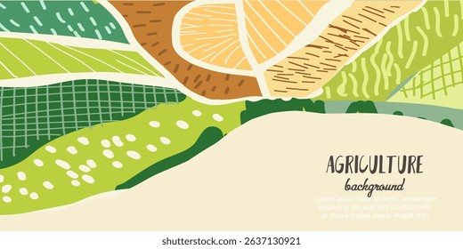 Agriculture farm green banner. Organic abstract field background, backdrop, web header. Ecology wallpaper. Hand drawn vector art.