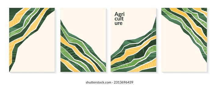 Diseño de afiches verdes en granjas agrícolas. Fondo del vector de campo abstracto orgánico. Volante de paisajes agrónomos. Plantilla de negocio de Agri. Ilustración de tierras de cultivo ecológico. Tarjeta de patrón orgánico. Cubierta natural de verano