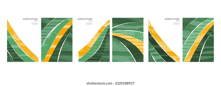 Agriculture farm green poster design. Organic abstract field vector background. Agro landscape flyer. Agri business template. Eco farmland illustration set. Organic pattern card. Summer nature cover