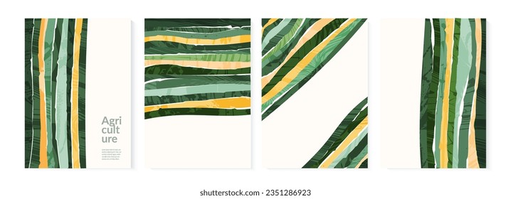 Agriculture farm green poster design. Organic abstract field vector background. Agro landscape flyer. Agri business template. Eco farmland illustration set. Organic pattern card. Summer nature cover