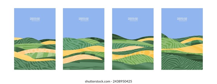 Agriculture farm green poster design. Agro landscape flyer. Ecology pattern card. Organic abstract field vector background. Agri business template. Set eco farmland illustration. Summer nature cover