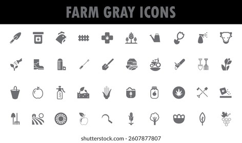 Agriculture and farm grey icons. farm animals.
