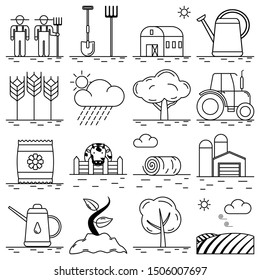 Agriculture and farm icon set. Farmland vector illustrations. Contains icons like farmer, sprout, hay roll, barn, granary, cow behind fence, crop, oil can, watering can, weather, tractor, wheat.