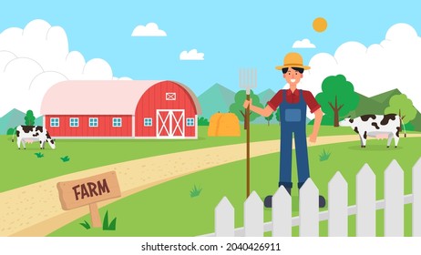 Agriculture farm landascape with farmer and animal vector illustration.Farm field with barn, hay, cow , farmer boy and nature view.white fence and man farm character on meadow with road