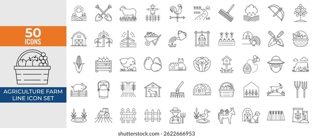 Agriculture farm line icon set. Vector pictograms of pig, goat, chicken egg, basket, farmer, pitchfork, scarecrow, windmill, beekeeper hat, thin linear illustration.