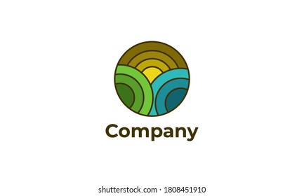 Agriculture Farm logo. Abstract Rounded Farm Logo Vector Graphic Design With Green Color as Soil, Blue as Water and Yellow as Sun Light. Logo Design Vector Isolated On White Background