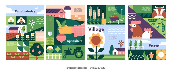 Agriculture, farm poster design. Geometric pattern background of village, countryside with chicken, tractor, harvest, plants, farmland. Rural field, eco agronomy cards set. Flat vector illustrations