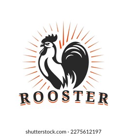 Agriculture and farm rooster icon. Vector cockerel silhouette and rays label. Isolated emblem with chicken cock for livestock farm production, poultry rustic farm, domestic fowl or gamecock