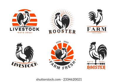 Agriculture and farm rooster icons. Vector cock or cockerel animal with rising sun symbols of poultry farm. Chicken meat and egg labels set for organic food product of farmer market or butcher shop