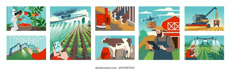 Landwirtschaft und Landwirtschaft. Ländliches Land. Erntemaschine auf Weizenfeld. Gemüse im Gewächshaus. Bauernarbeit. Melken von Kühen. Agro-Drohne. Landschaft. Landwirtschaftliche Innovation. Vektorillustrationen gesetzt