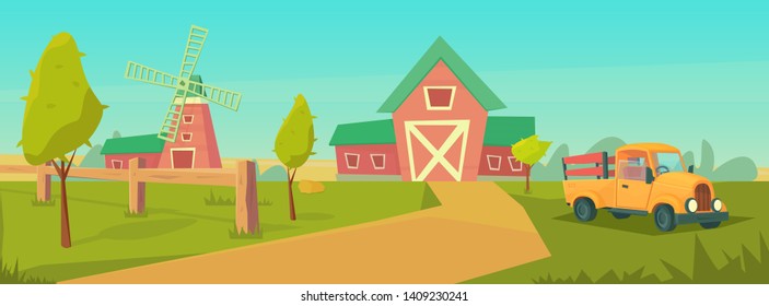 Agriculture. Farm rural landscape with orange truck, red barn, house and ranch, water tower and haystack. Vector flat illustration.