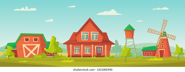 Agriculture. Farm Rural Landscape With Red Barn, House And Windmill, Water Tower . Vector Cartoon Illustration.