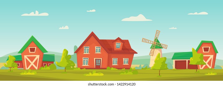 Agriculture. Farm rural landscape with red barn, house and windmill, water tower . Vector cartoon illustration.