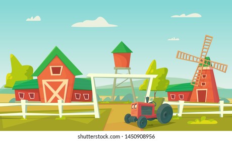 Agriculture. Farm rural landscape with red windmill and tractor Vector cartoon illustration