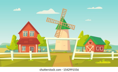 Agriculture. Farm rural landscape with red barn, house and windmill, water tower . Vector cartoon illustration.
