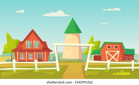 Agriculture. Farm rural landscape with red barn, house and windmill, water tower . Vector cartoon illustration.