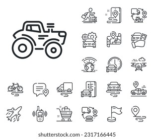 Agriculture farm vehicle sign. Plane, supply chain and place location outline icons. Tractor transport line icon. Tractor line sign. Taxi transport, rent a bike icon. Travel map. Vector