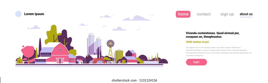 agriculture farm windmill barn buildings farmland countryside landscape flat design copy space banner vector illustration