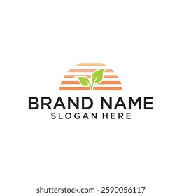 agriculture farmer garden nature with sun and leaf logo design vector template
