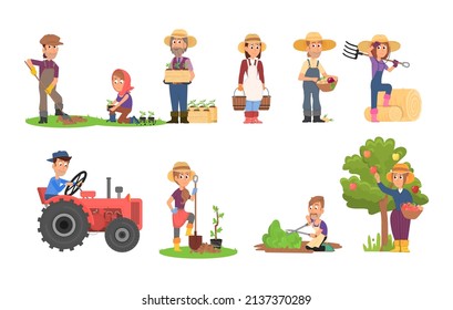 Agricultor agrícola. Agricultura, cosecha de agricultores y jardinería. Propietario de caricaturas de mercados locales, trabajadores agrícolas. Gardeneradores con caracteres vectoriales decentes