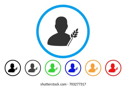Agriculture Farmer vector rounded icon. Image style is a flat gray icon symbol inside a blue circle. Bonus color versions are gray, black, blue, green, red, orange.