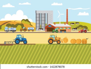 Agriculture and Farming. Agribusiness. Fodder. Milk production. Design elements for info graphic, websites and print media. Vector illustration. Wind farm.