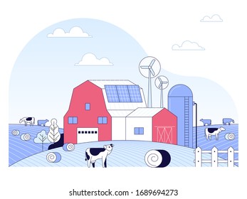 Agriculture and Farming. Agribusiness. Rural countryside landscapes with a barn, windmills, animals, haystacks, silage tower. Vector design elements for info graphic, websites and print media