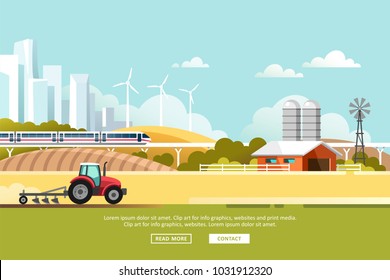 Agriculture and Farming. Agribusiness. Rural landscape with silhouette megapolis and train rail. Design elements for info graphic, websites and print media. Vector illustration.