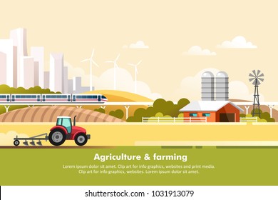 Agriculture and Farming. Agribusiness. Rural landscape with silhouette megapolis and train rail. Design elements for info graphic, websites and print media. Vector illustration.