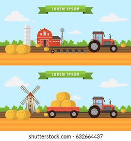 Agriculture and Farming. Agribusiness. Rural landscape. Design elements for info graphic. tractor plows the ground. tractor carries a haystack