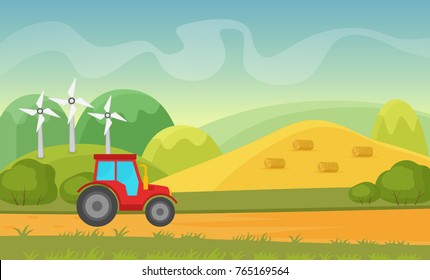 Agriculture and Farming agribusiness. Summer autumn rural cartoon vector landscape with wind power plant and tractor.