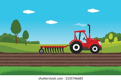 Agricultura y agricultura. Agrobusiness Tracktor. Paisaje rural. Elementos de diseño para infografía, sitios web y medios impresos. Ilustración vectorial.