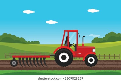 Agriculture and Farming. Agribusiness Tracktor. Rural landscape. Design elements for info graphic, websites and print media. Vector illustration.