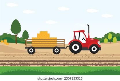 Agricultura y agricultura. Agrobusiness Tracktor. Paisaje rural. Elementos de diseño para infografía, sitios web y medios impresos. Tractor transportando heno, cosechador, campo, cosecha Ilustración vectorial