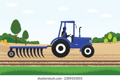 Agricultura y agricultura. Agrobusiness Tracktor. Paisaje rural. Elementos de diseño para infografía, sitios web y medios impresos. Tractor azul transportando heno, cosechando ilustración vectorial