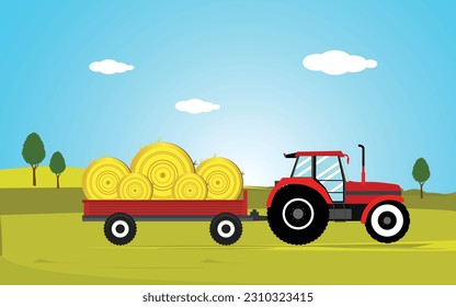 Agriculture and Farming. Agribusiness Tracktor. Rural landscape. Design elements for info graphic, websites and print media. Tractor carrying hay, harvester, the field, harvesting Vector illustration