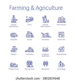 Agriculture, farming & agronomy concept. Farmer man & woman, village tractor, hay bale, wheat harvest, plant growth thin line icons set. Farm crop harvesting isolated linear vector illustrations