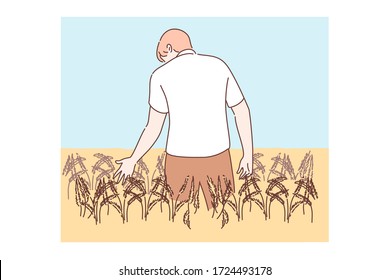 Agriculture, farming, agronomy concept. Young man or boy agronomist farmer cartoon character standing in golden wheat field holding rye ear. Barley or grain agricultural harvest season illustration.