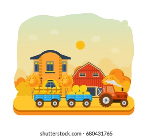 Agriculture and farming. Autumn agribusiness. Farm and farmland, village with gardens, greenery, harvest and grain, hay, organic products. Autumn rural landscape. Vector illustration isolated.