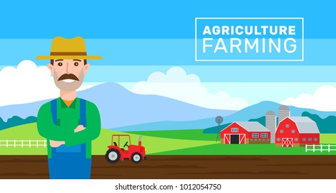 agriculture farming banner.farmer field barn tractor vector illustration