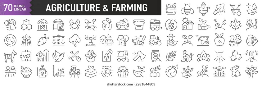 Agriculture and farming black linear icons. Collection of 70 icons in black. Big set of linear icons