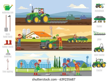 Agriculture and farming brochures with harvesting tillage tree planting watering and agricultural elements vector illustration