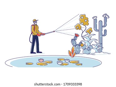 Agriculture And Farming Concept. Gardener In Protective Suit Spray Plants By Garden Sprayer To Prevent Having Vermin. Man Takes Care Of Harvest. Cartoon Linear Outline Flat Style. Vector Illustration