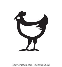 Agriculture and Farming concept. Minimalistic dark sticker with chicken. Domestic animal brings eggs. Design element for logos. Cartoon flat hand drawn vector illustration isolated on white background