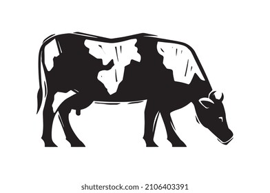 Agriculture and Farming concept. Minimalistic icon with black cow grazing on field. Simple sticker with cattle or animal. Cartoon flat hand drawn vector illustration isolated on white background