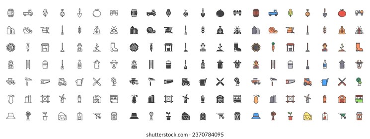 Agriculture and farming different style icon set. Line, glyph and filled outline colorful version, gardening outline and filled vector signs. Symbol, logo illustration. Vector graphics