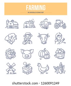 Agriculture and farming doodle icons collection. Village farm, farmers, livestock and organic food. Vector hand drawn illustrations for website and printing materials