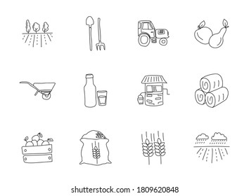 agriculture and farming doodles isolated on white. agriculture and farming icon set for web design, user interface, mobile apps and print