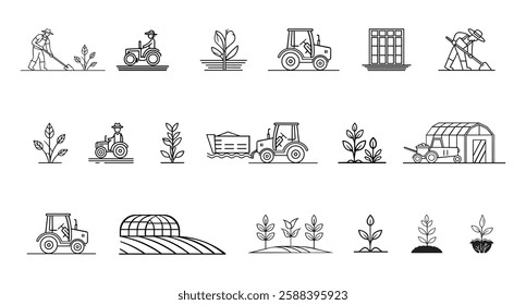 Agriculture and farming editable stroke outline icons set – soil, farming, planting, tractors, greenhouses, crop cultivation, and harvesting - flat vector illustration isolated on white background.