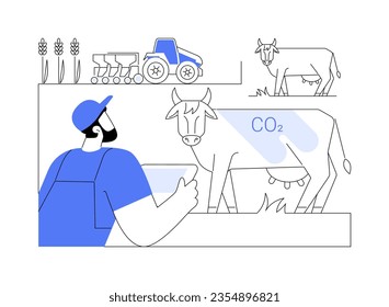 Agriculture and farming emissions abstract concept vector illustration. Farmer with livestock on ranch, land use, agriculture emission, environmental problem, climate change abstract metaphor.